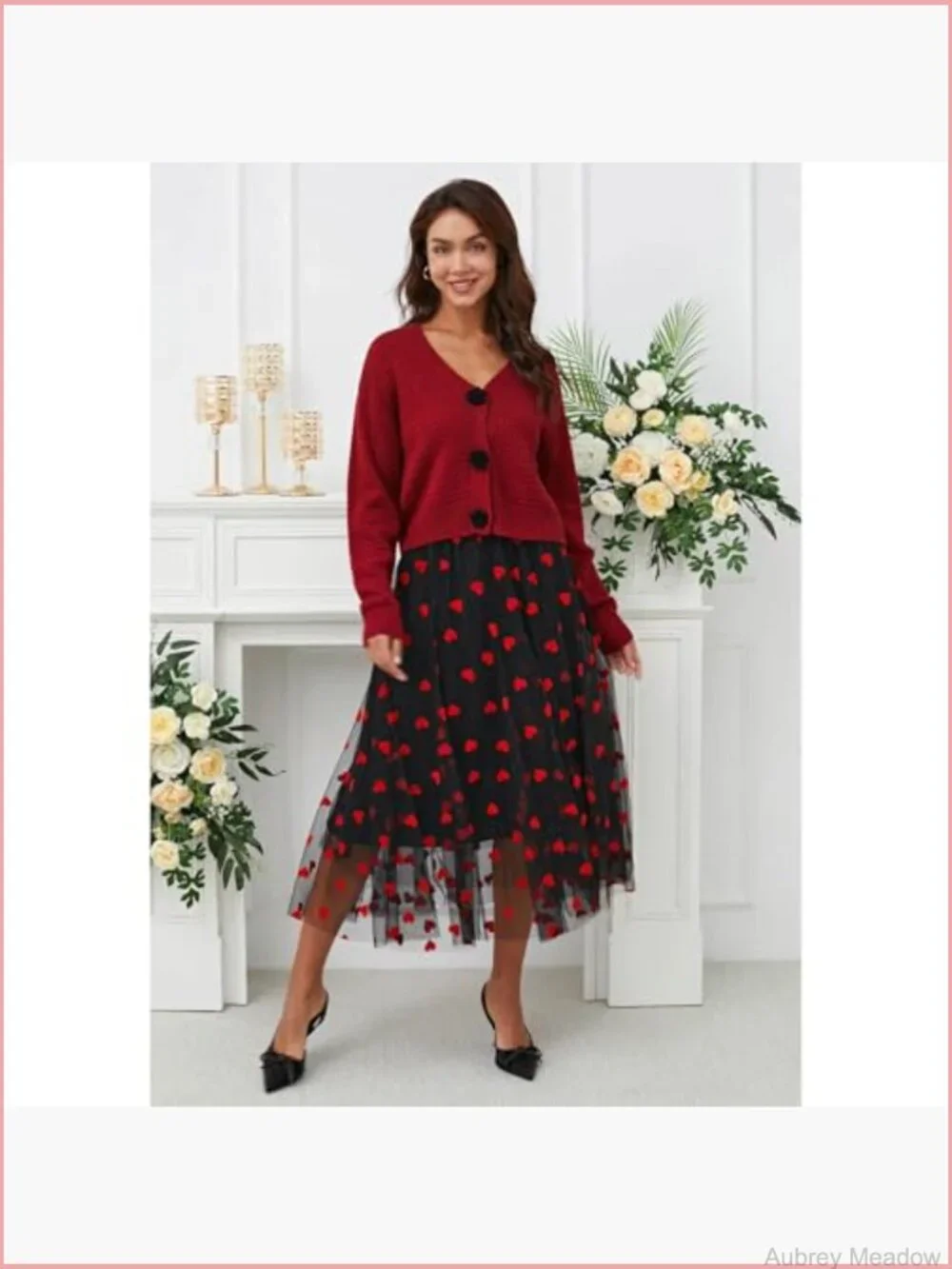 Open Front Rose Buttoned Crop Knit Cardigan V Neck Long Sleeve Casual Sweater